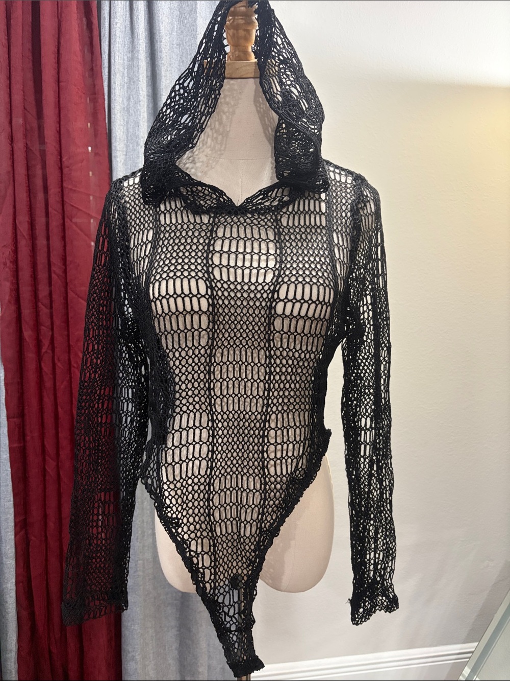 Sheer Black Crochet Hooded Bodysuit
